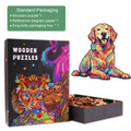 Loyal Golden Retriever wooden jigsaw puzzle packaging with colorful box and unique puzzle pieces.