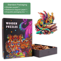 Jeweled Dragon wooden jigsaw puzzle box set with colorful dragon design and puzzle pieces.