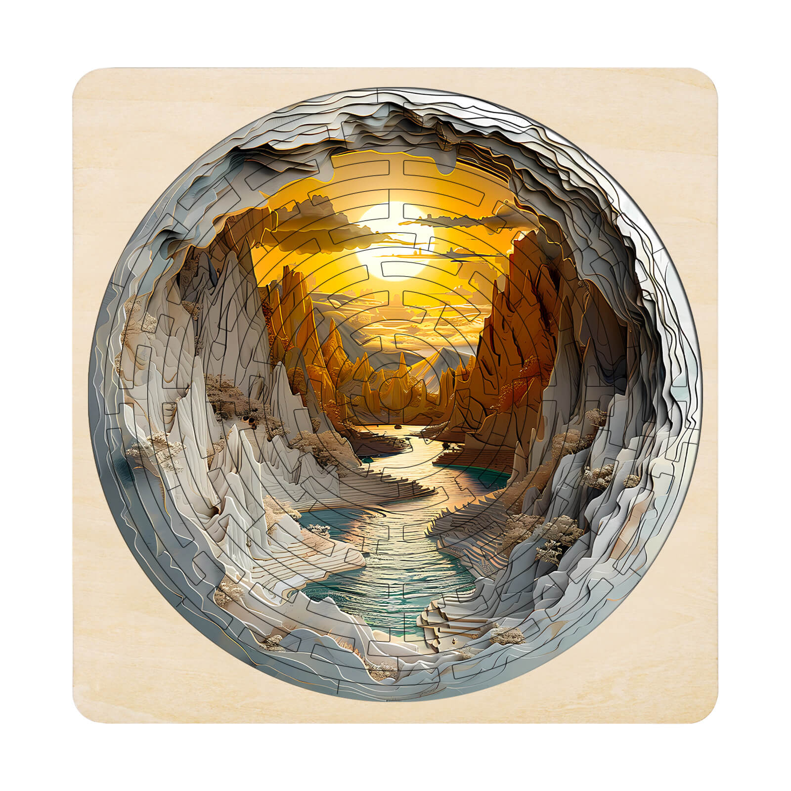 Maze Puzzles—Golden River captures a serene landscape with a winding river and warm sunset, ideal for mind games.