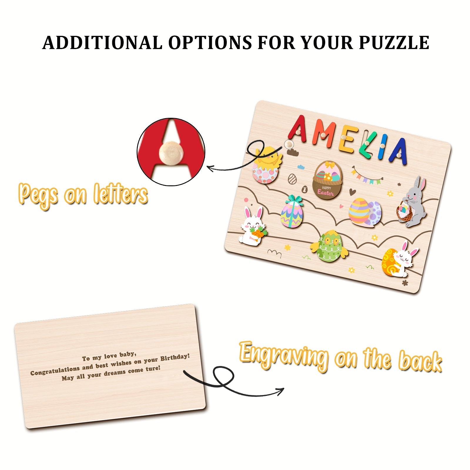 Personalized Wooden Name Puzzle - Easter Bunny & Egg Toy for Toddlers