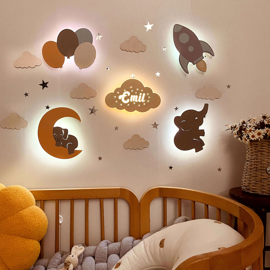 Personalized Wooden Baby's Room Wall Light Set