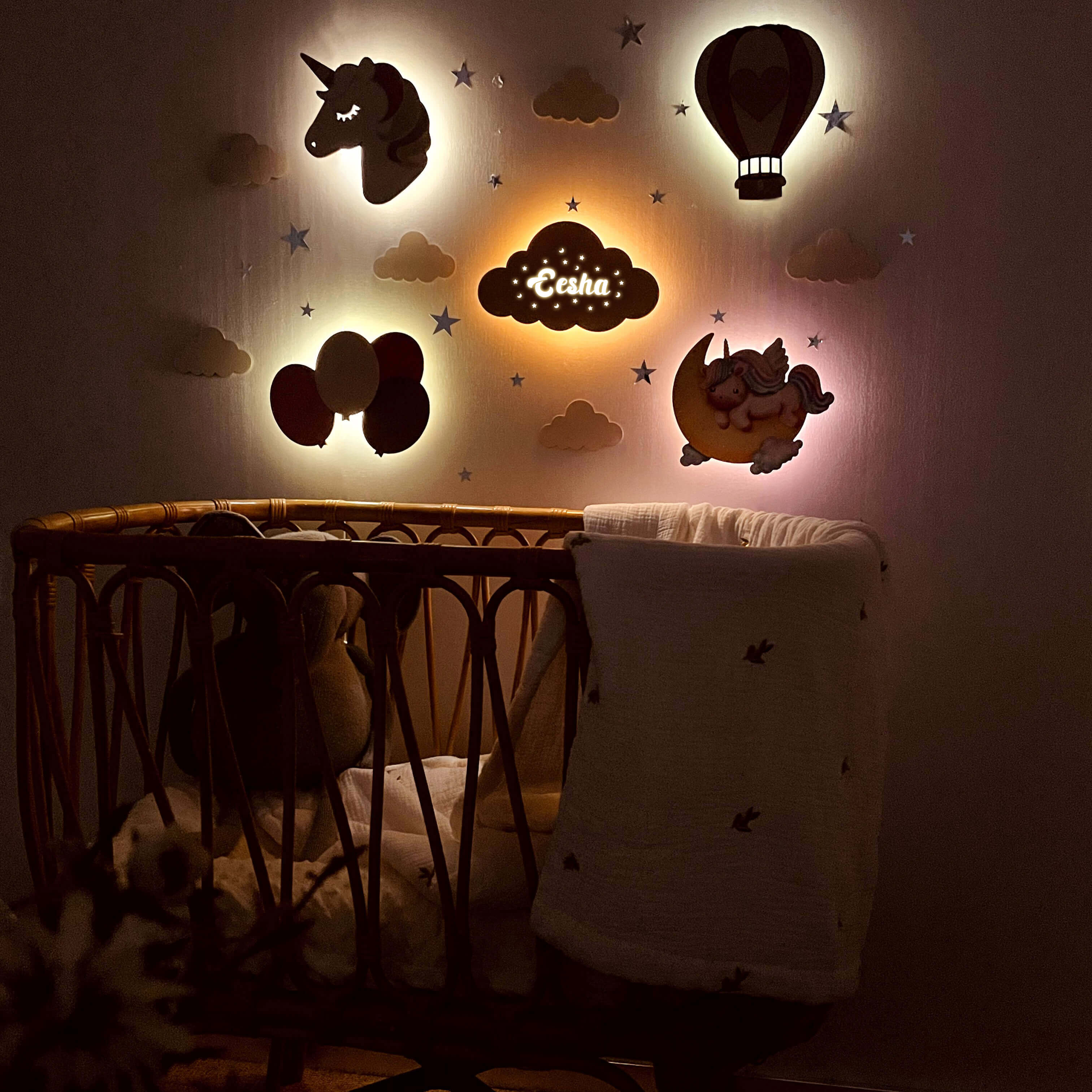 Personalized Wooden Baby's Room Wall Light Set
