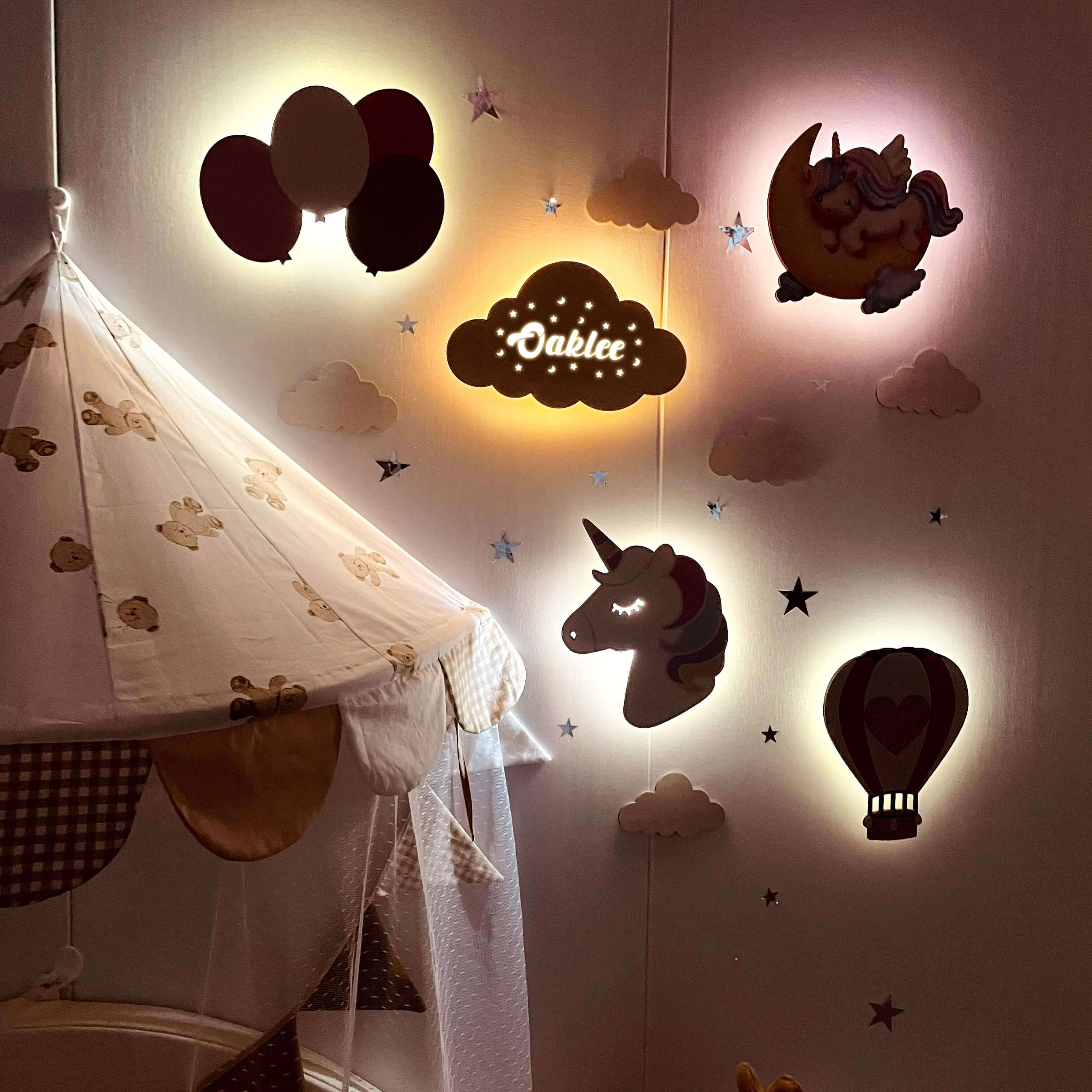 Personalized Wooden Baby's Room Wall Light Set