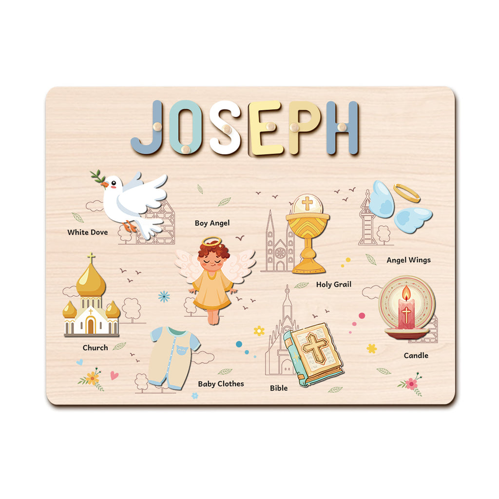 Personalized Wooden Name Puzzle - Baptism Boy Set for Toddlers