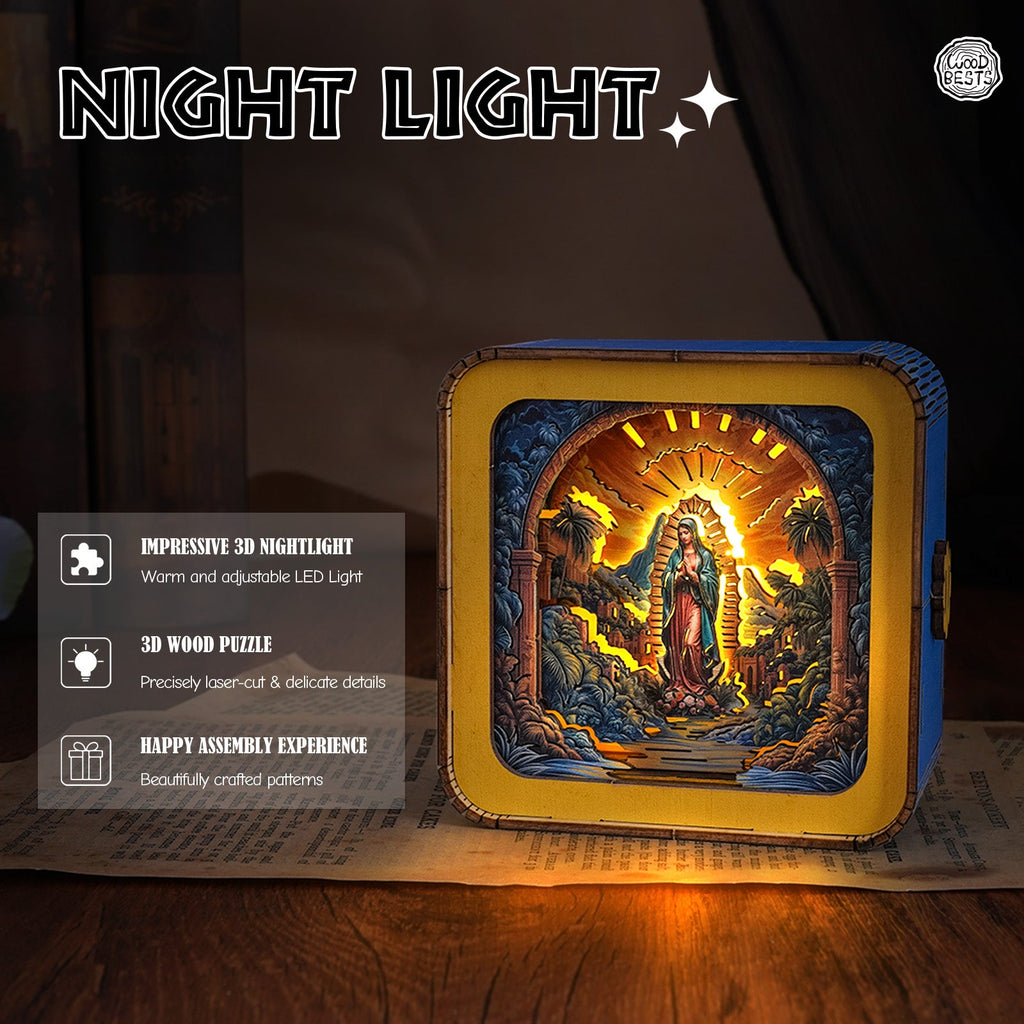 3D wooden puzzle night light featuring the Virgin Mary with adjustable LED light in a beautifully crafted design.