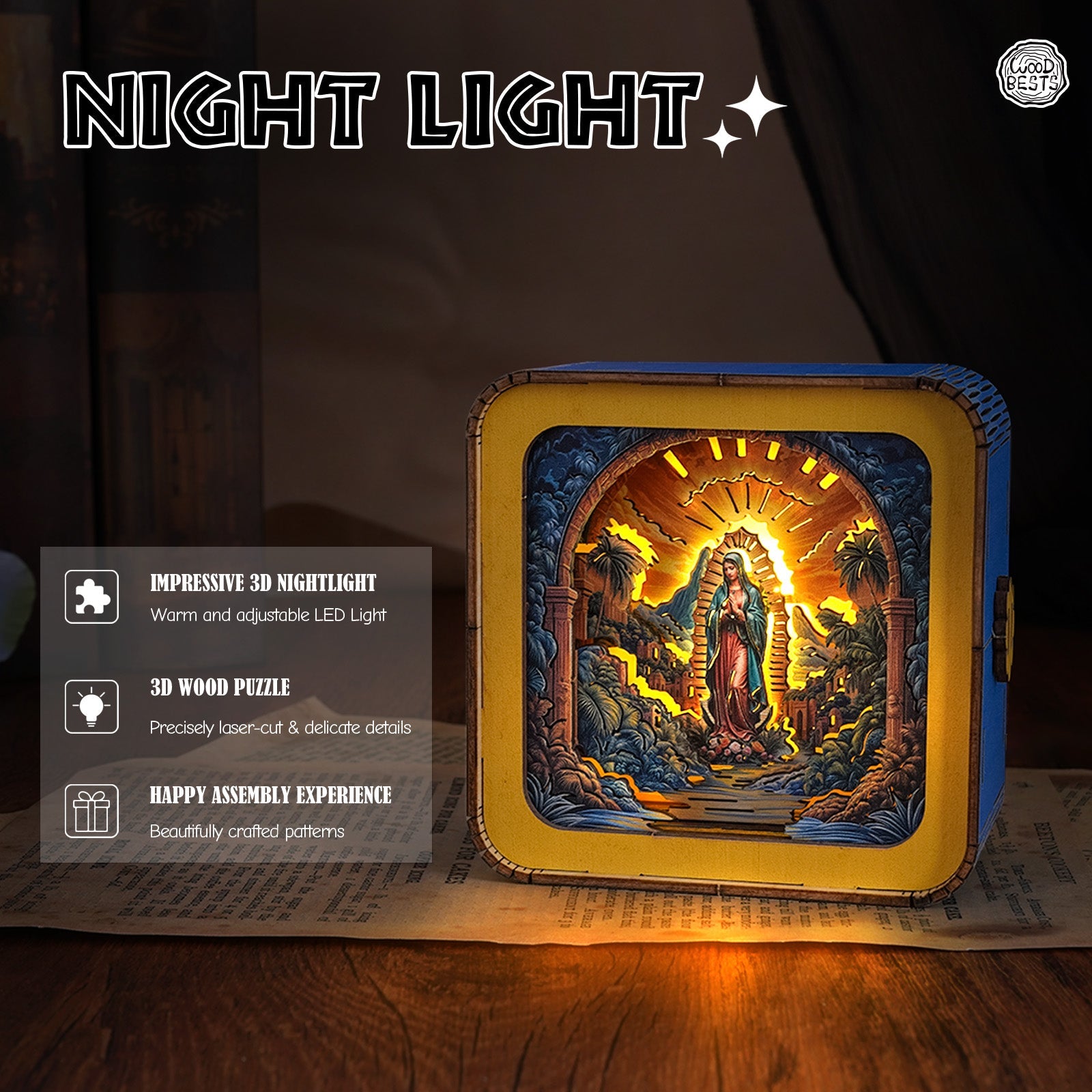 3D wooden puzzle night light featuring the Virgin Mary with adjustable LED light in a beautifully crafted design.