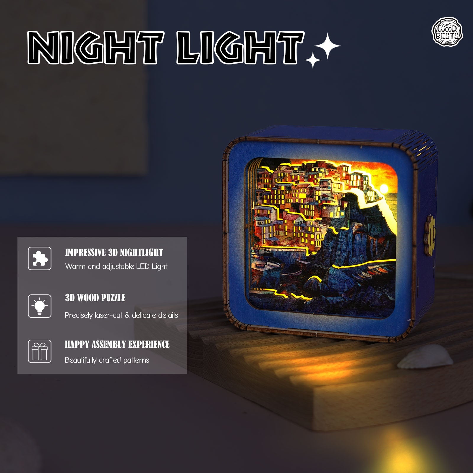 Golden Coast Village Kit 3D Wooden Puzzle Night Light with adjustable LED light and intricate details.