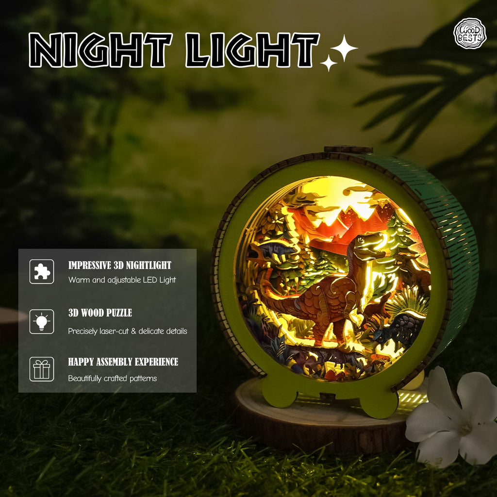 3D wooden puzzle night light featuring dinosaurs, warm LED glow, and beautifully crafted design, perfect for kids' room decor.