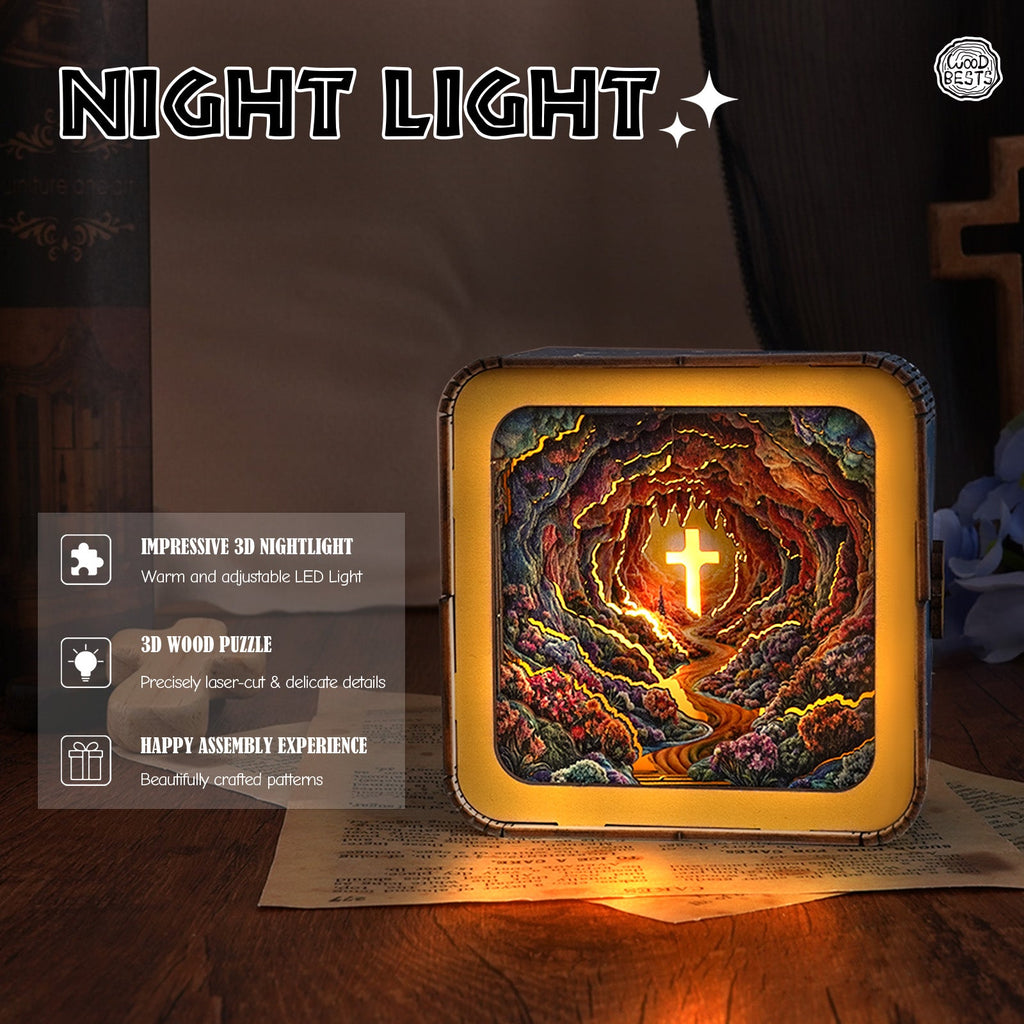 Dazzling Cross Kit 3D wooden puzzle night light with warm adjustable LED, showcasing intricate design and peaceful ambiance.