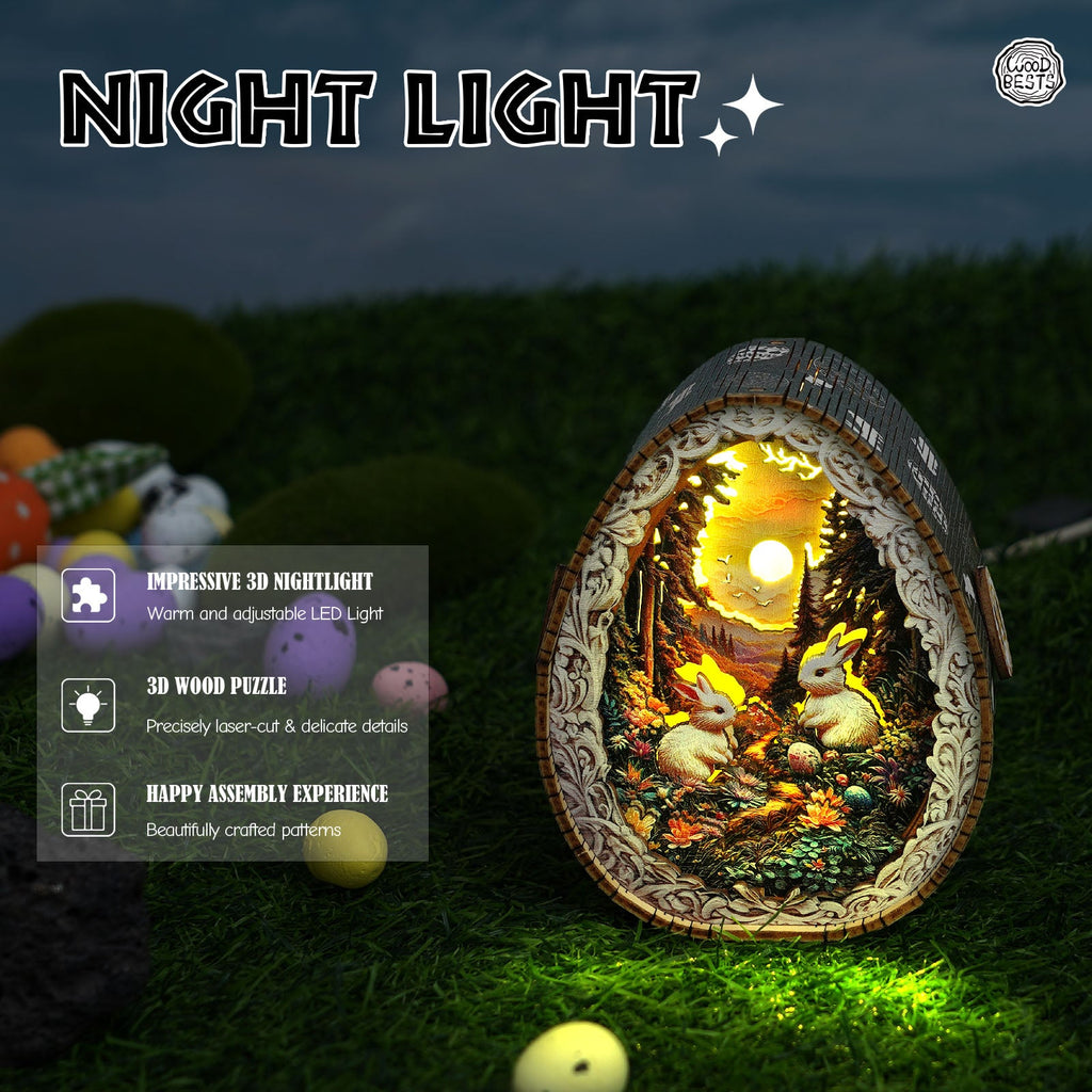 3D wooden puzzle night light featuring rabbits in a forest setting, with warm LED illumination and intricate laser-cut details.