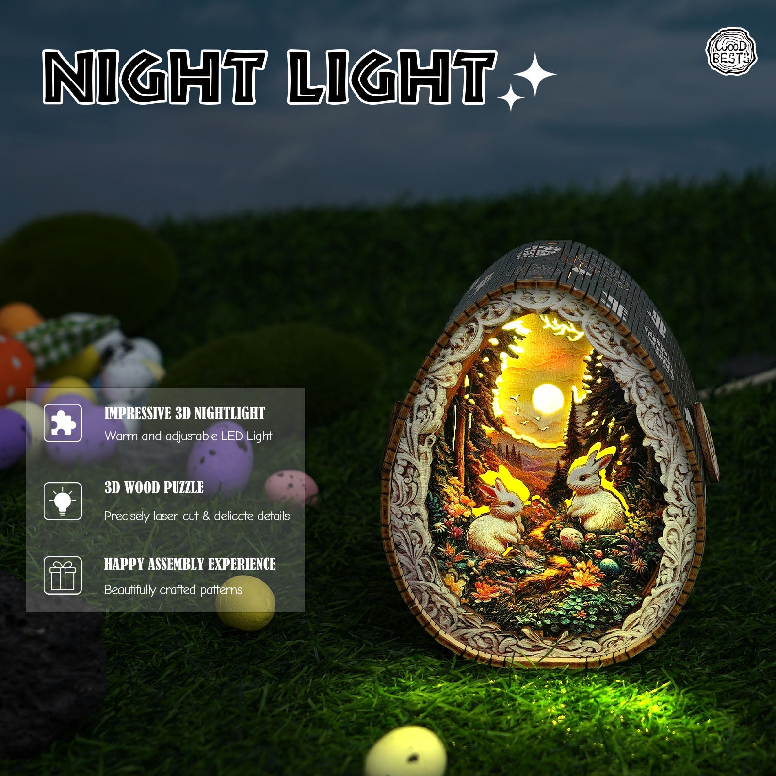 3D wooden puzzle night light featuring rabbits in a forest setting, with warm LED illumination and intricate laser-cut details.