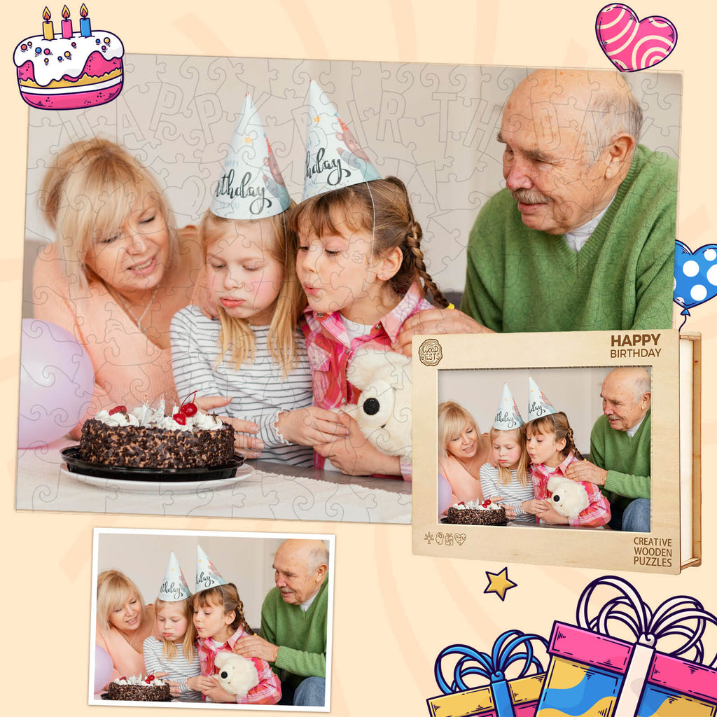 Personalized photo wooden puzzle featuring a family celebrating a birthday with cake and festive hats.