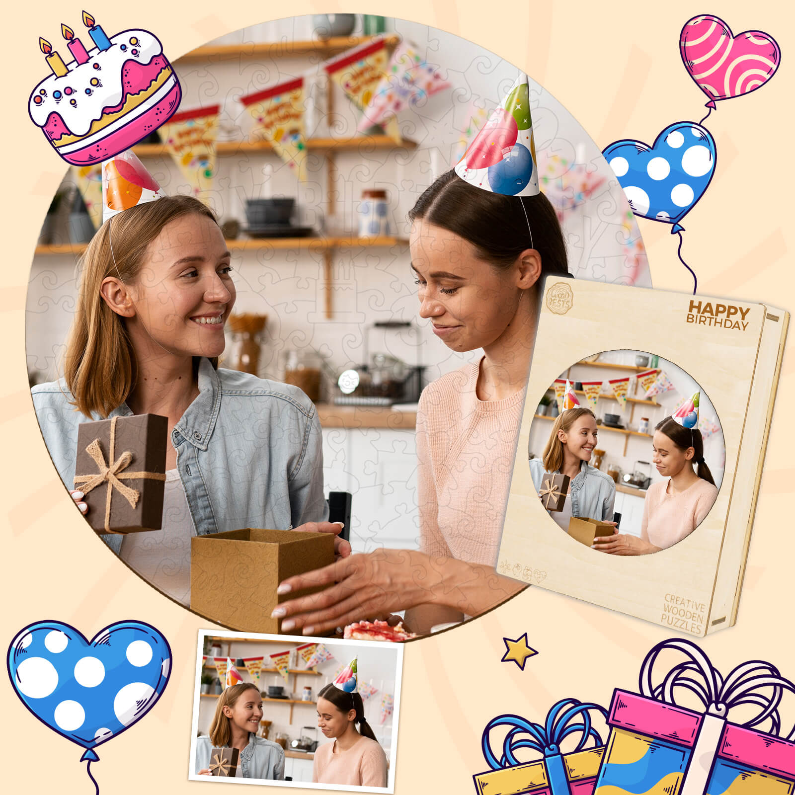 Two friends celebrating a birthday with a custom photo wooden puzzle gift and festive decorations.