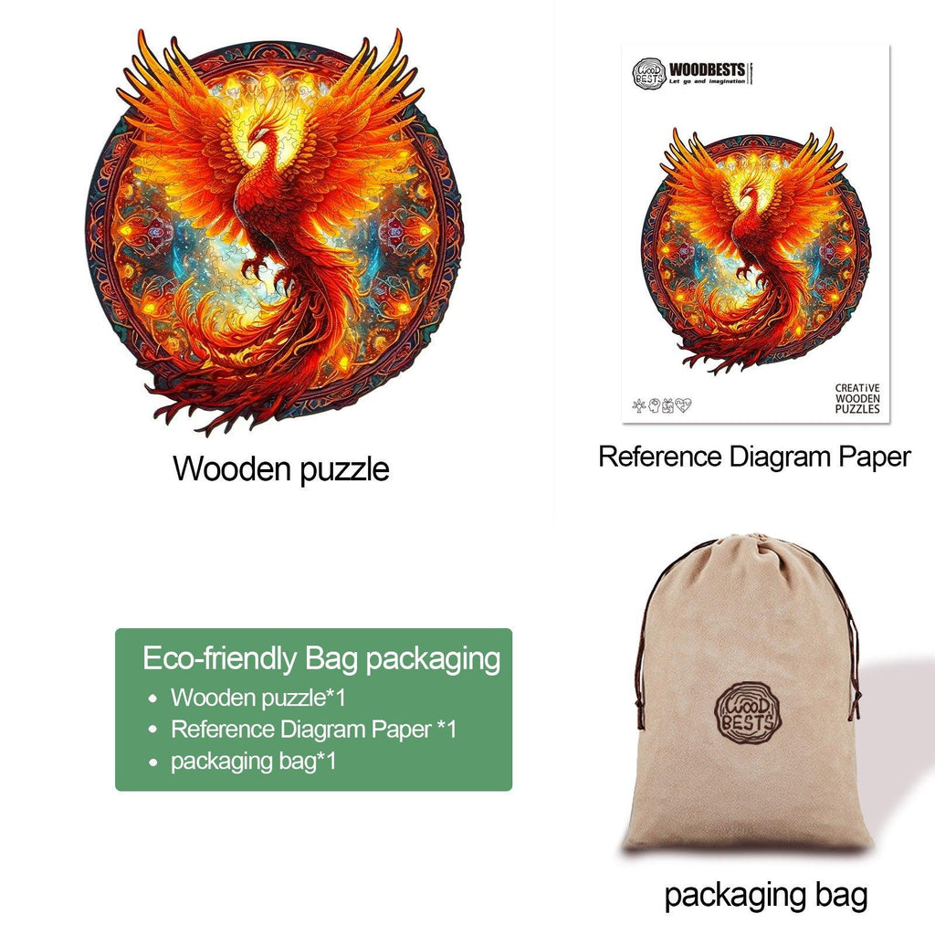 Phoenix Wooden Jigsaw Puzzle with eco-friendly packaging and reference diagram paper.