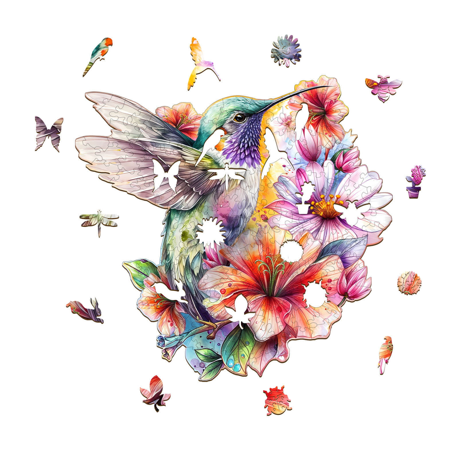 Hummingbirds in Flowers Wooden Jigsaw Puzzle