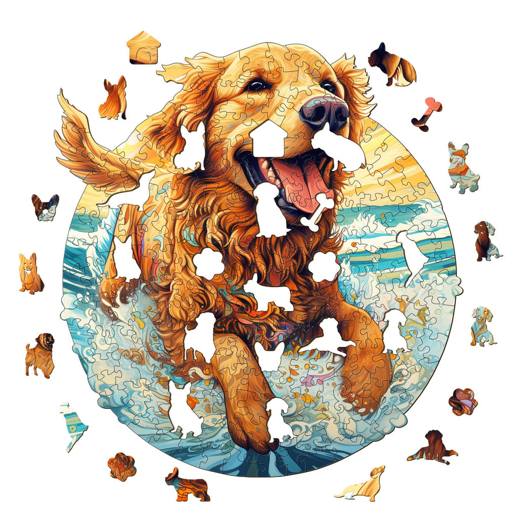 Happy Golden Retriever Wooden Jigsaw Puzzle