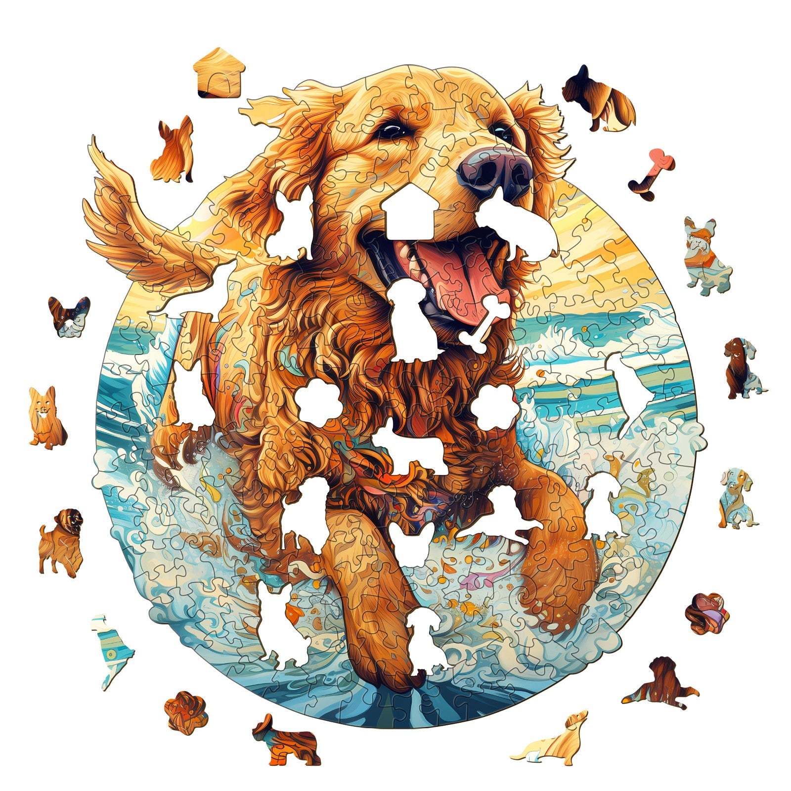 Happy Golden Retriever Wooden Jigsaw Puzzle