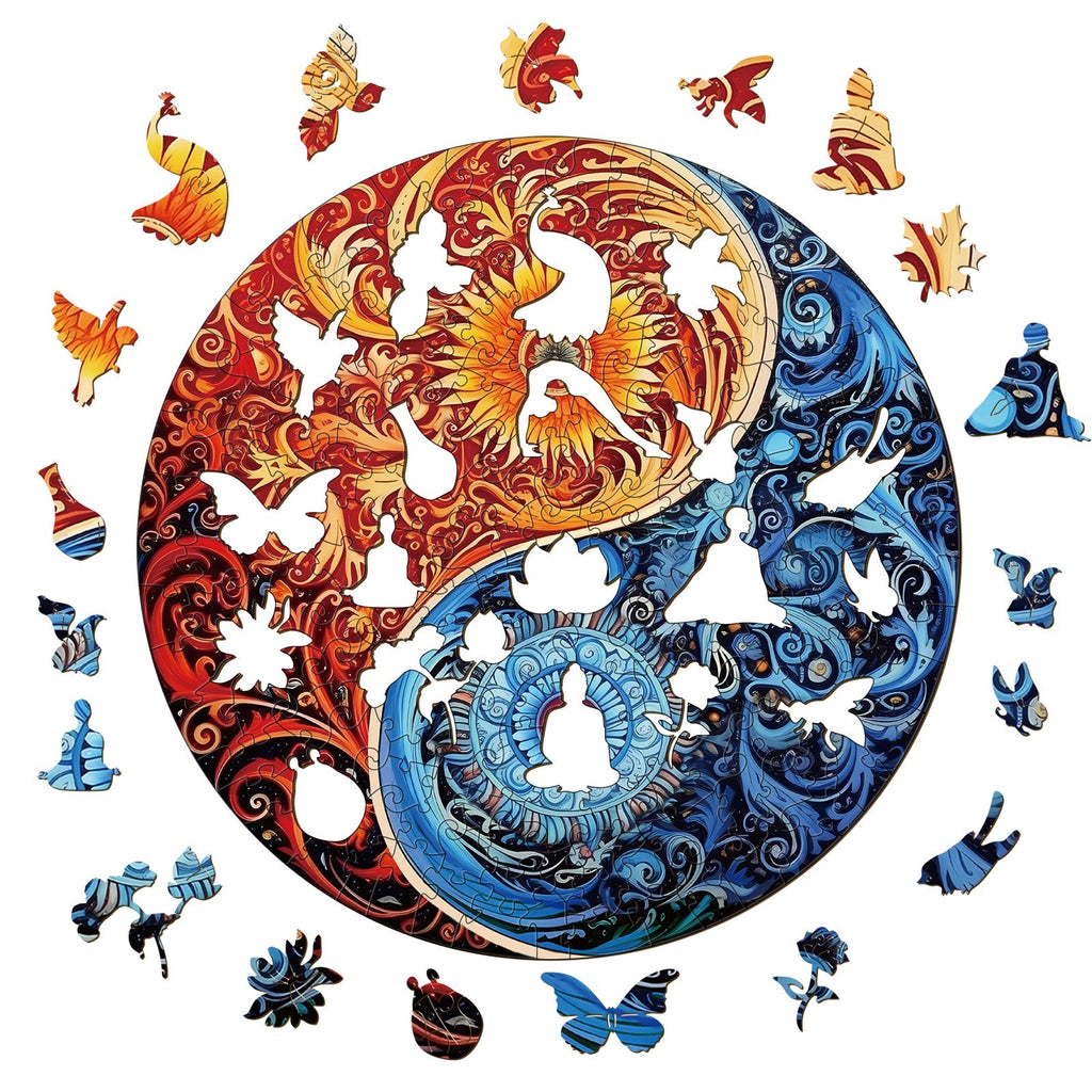 Yellow Blue Yin Yang Wooden Jigsaw Puzzle