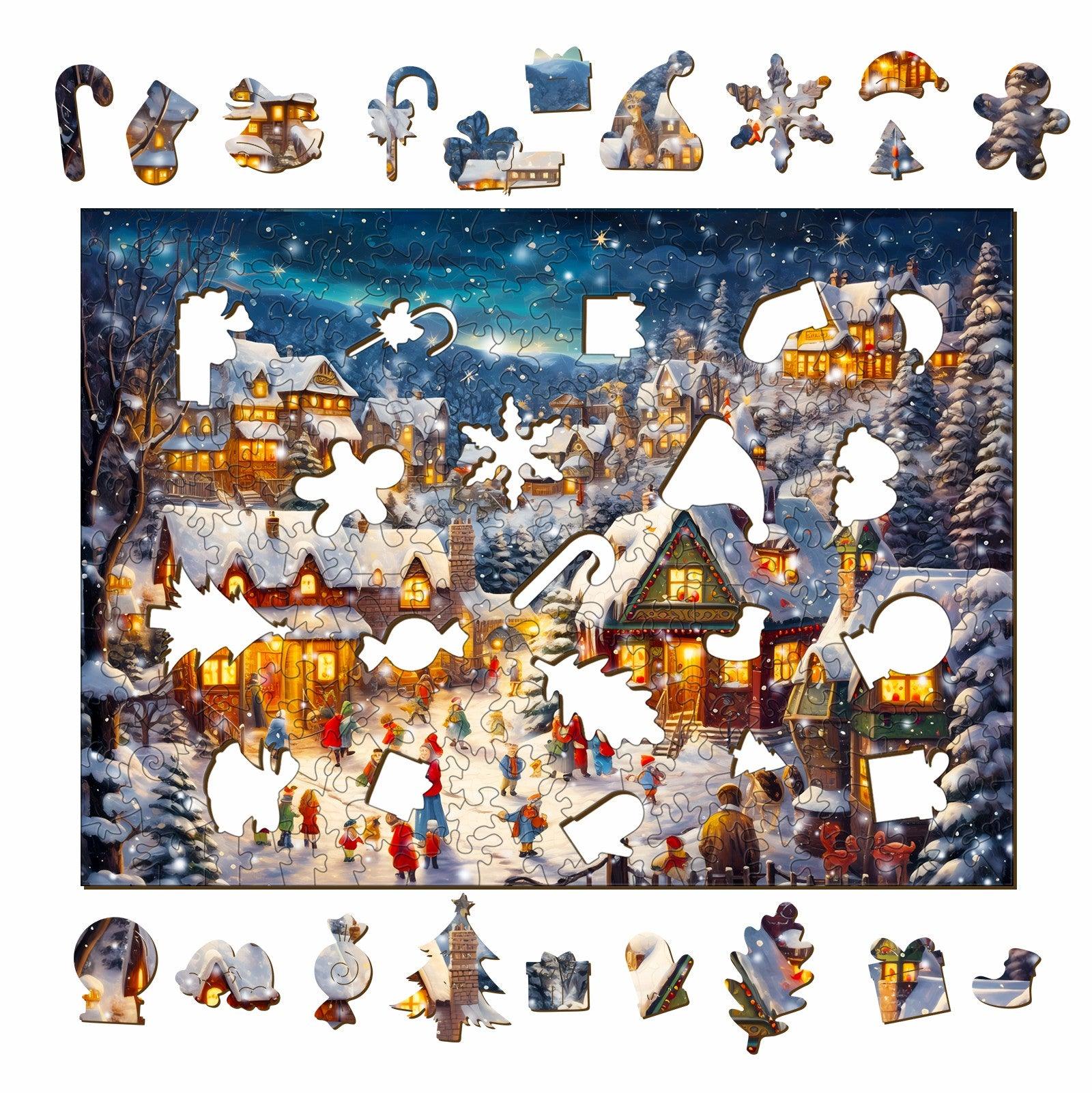 Lively Snowy Night Wooden Jigsaw Puzzle