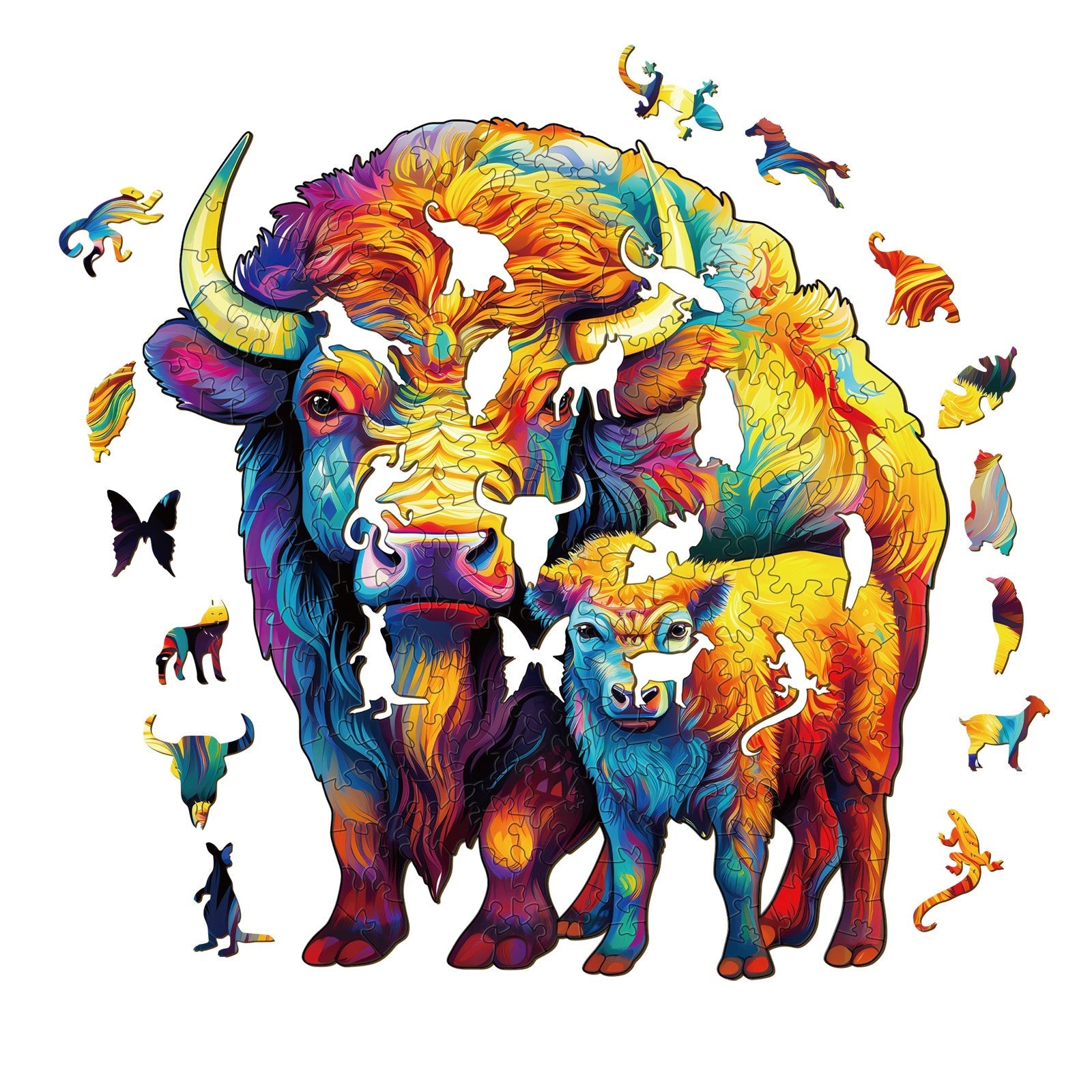 Family American Bison Wooden Jigsaw Puzzle