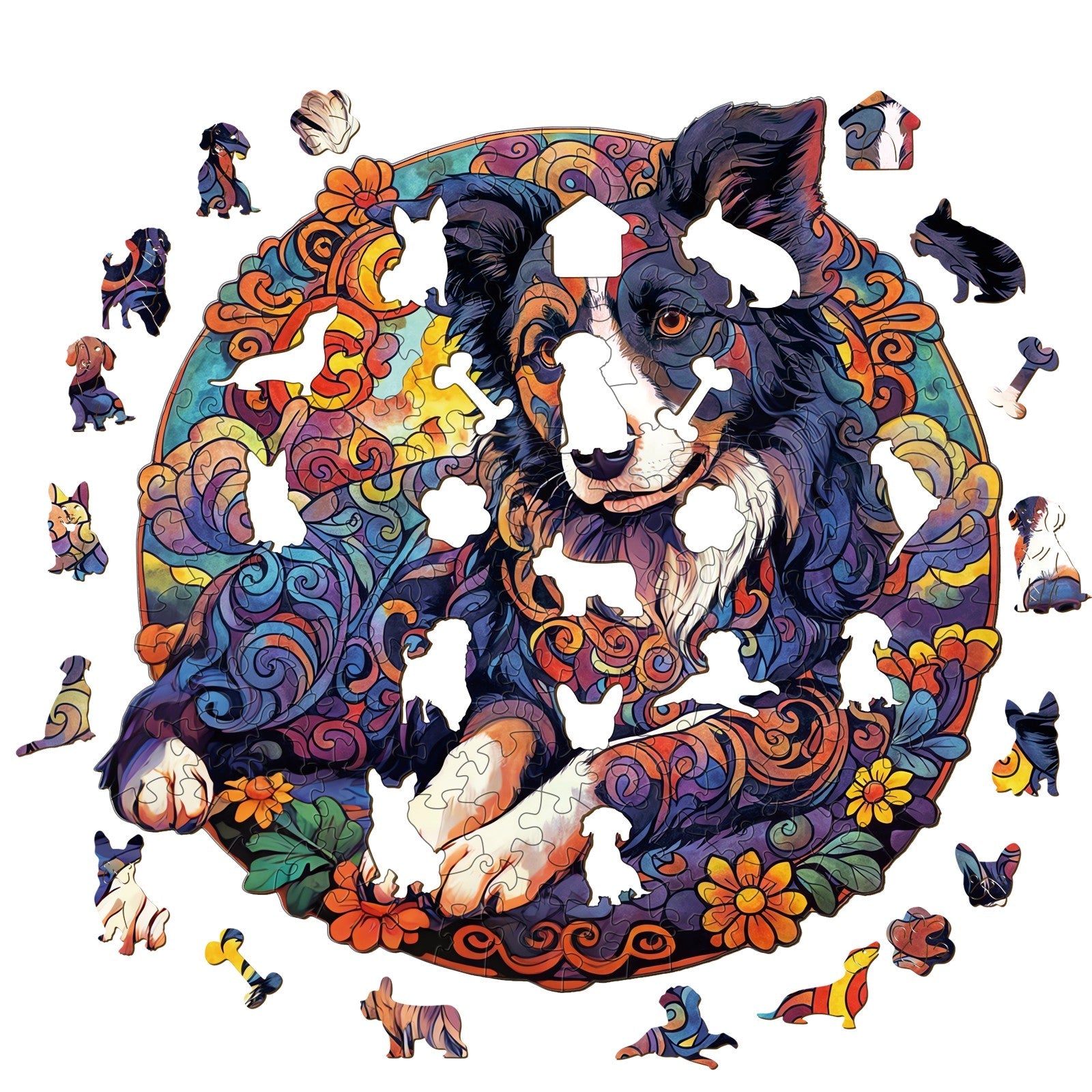Mandala Border Collie Wooden Jigsaw Puzzle