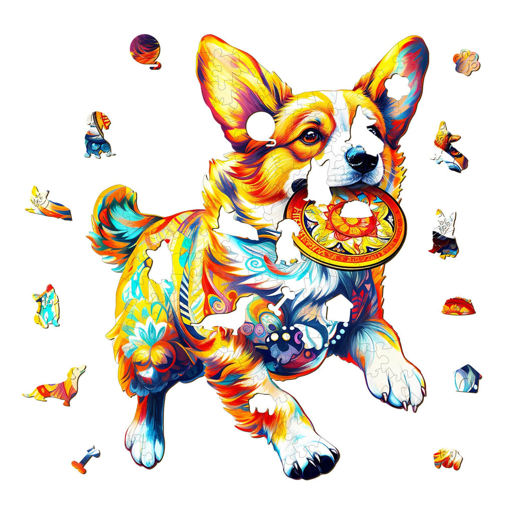 Dog Playing with Toys Wooden Jigsaw Puzzle