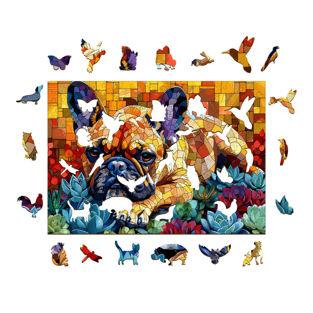 Stained Glass Bulldog Wooden Jigsaw Puzzle