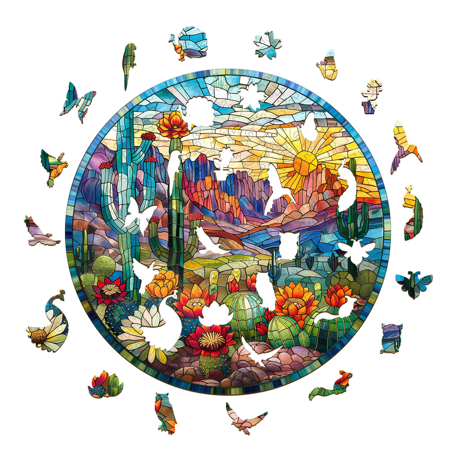 Stained Glass Cactus Wooden Jigsaw Puzzle