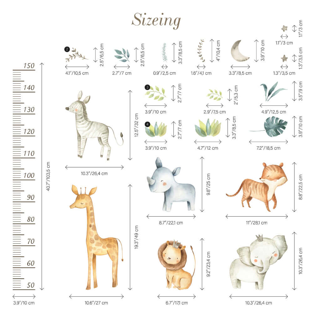 Cute Animals Growth Chart Wall Stickers