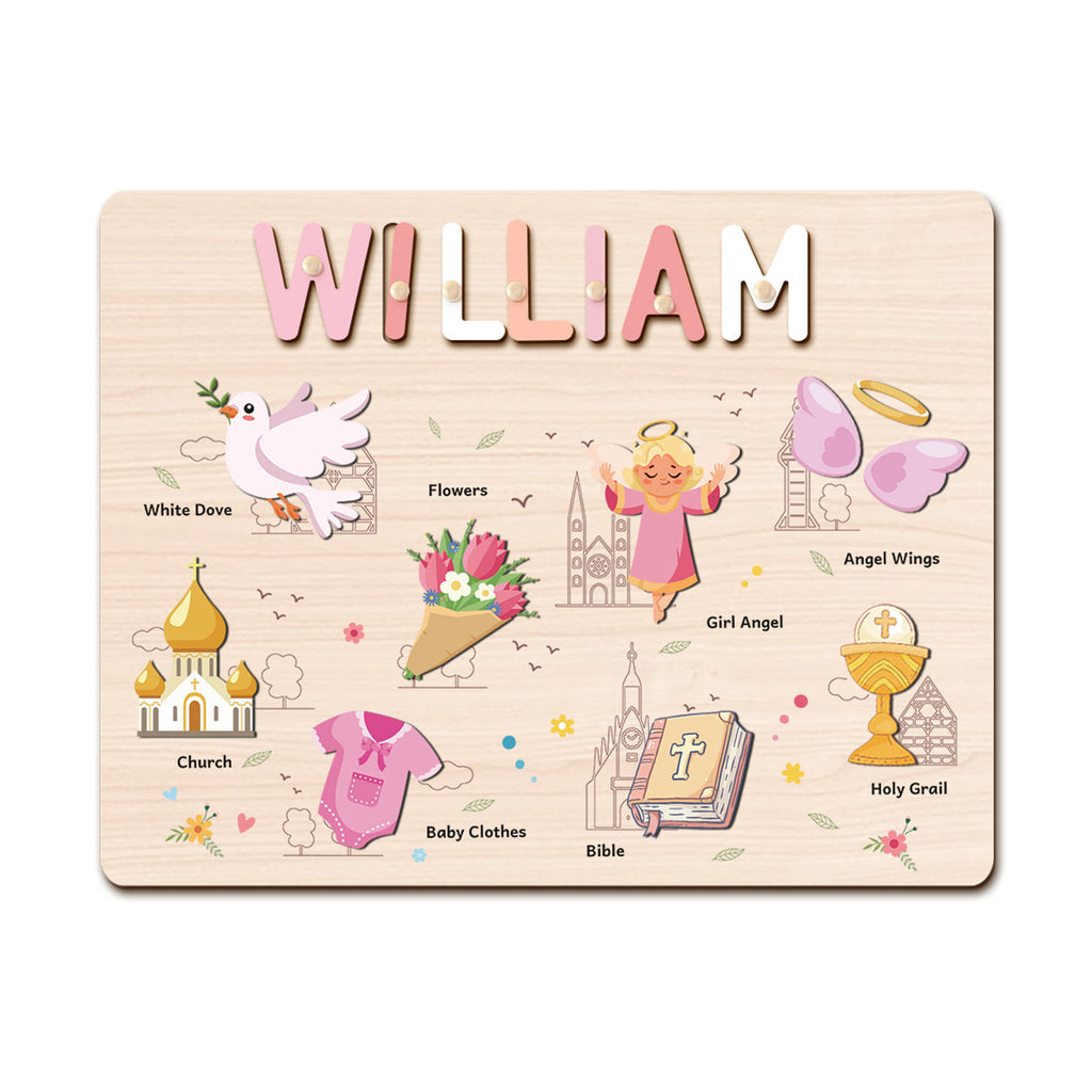 Personalized Wooden Name Puzzle - Baptism Girl Set for Toddlers