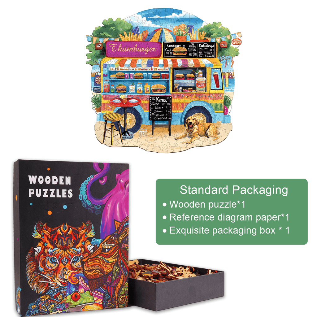 Burger Food Trucks-2 wooden jigsaw puzzle with vibrant colors, packaging details, and a cute dog illustration.