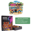 Burger Food Trucks-2 wooden jigsaw puzzle with vibrant colors, packaging details, and a cute dog illustration.