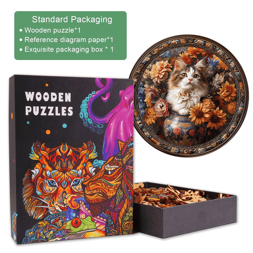Beautiful Tricolor Cat Wooden Jigsaw Puzzle with vibrant packaging and pieces for mind games and focus enhancement.