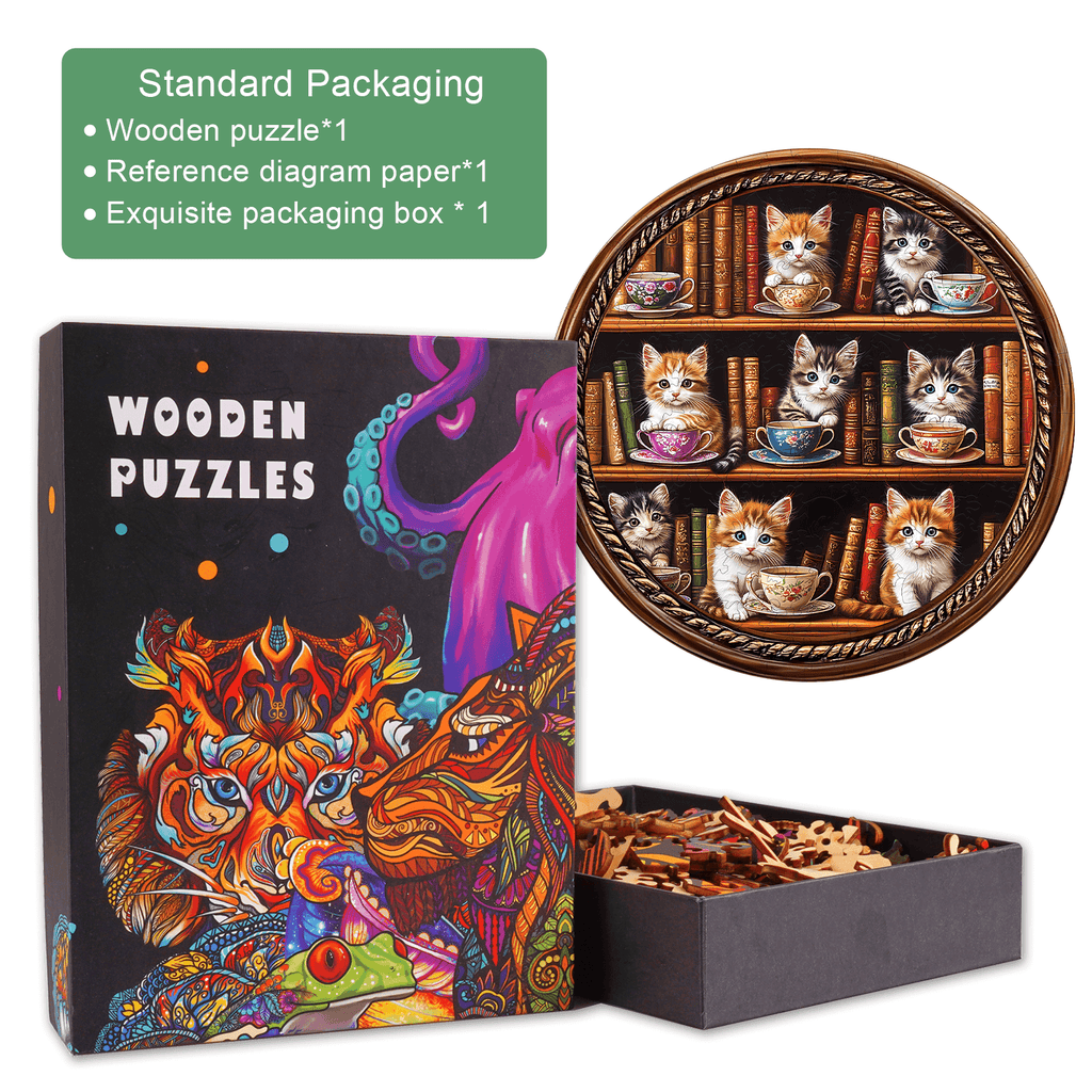 Cat Coffee Library wooden jigsaw puzzle with vibrant packaging and intricate cat-themed design.