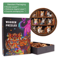 Cat Coffee Library wooden jigsaw puzzle with vibrant packaging and intricate cat-themed design.