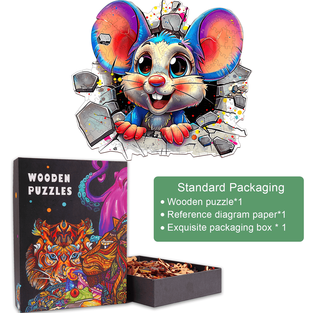 Wall Rat-2 wooden jigsaw puzzle featuring a colorful mouse design, packaged with reference diagram and box.