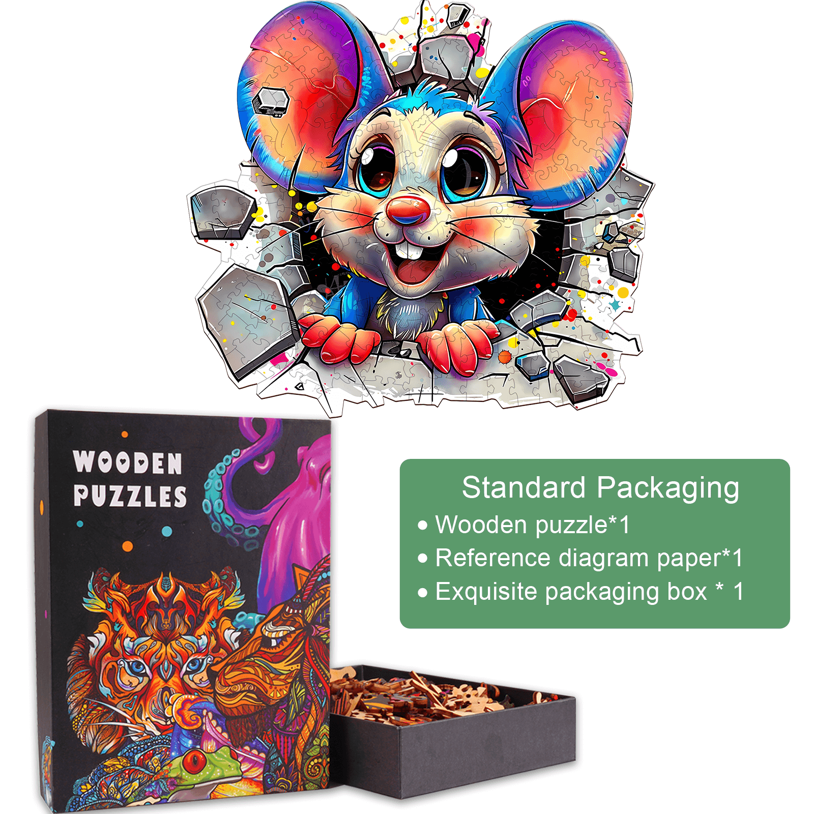 Wall Rat-2 wooden jigsaw puzzle featuring a colorful mouse design, packaged with reference diagram and box.