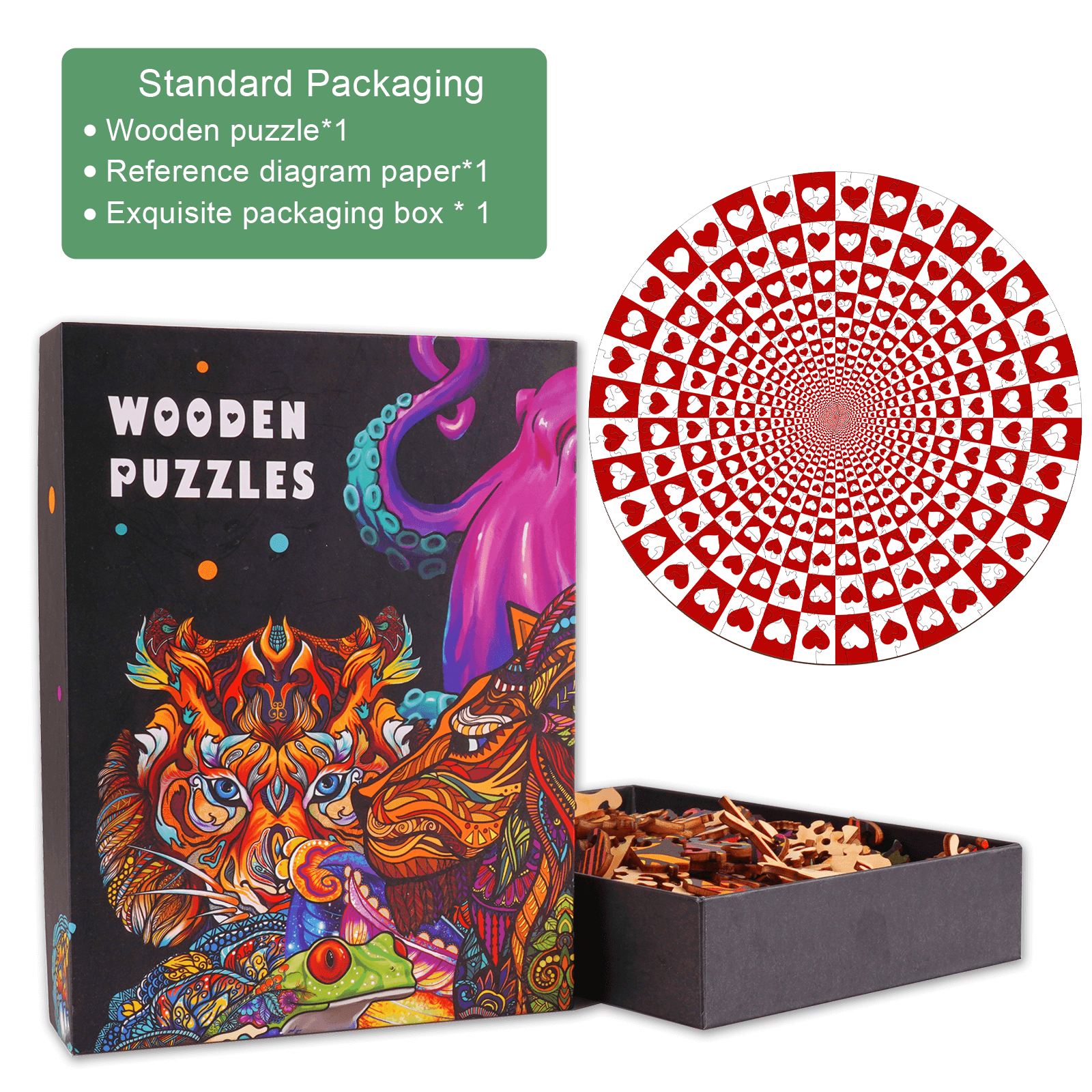 Love-1 wooden jigsaw puzzle featuring a vibrant design and unique heart pattern for mind games and focus.