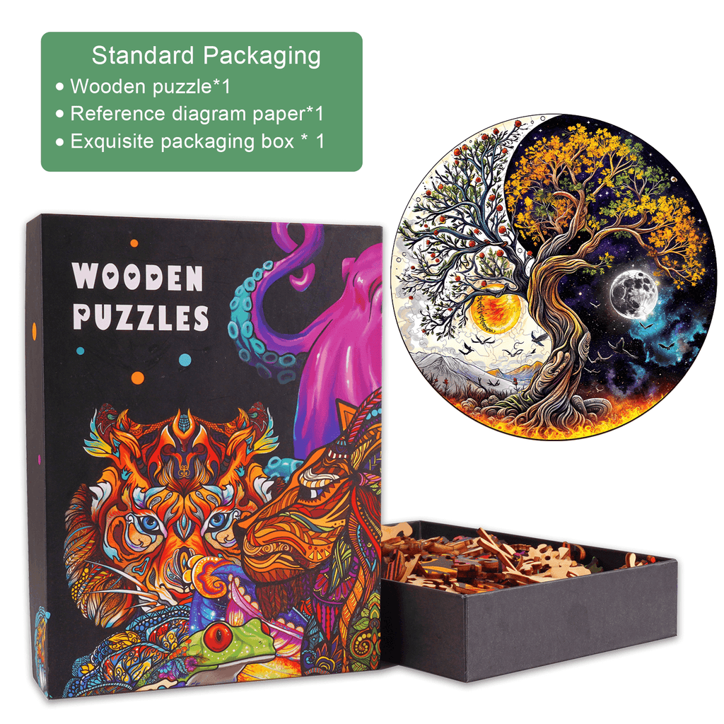 Sun and Moon Tree of Life wooden jigsaw puzzle with colorful packaging and pieces, perfect for enhancing focus and mindfulness.