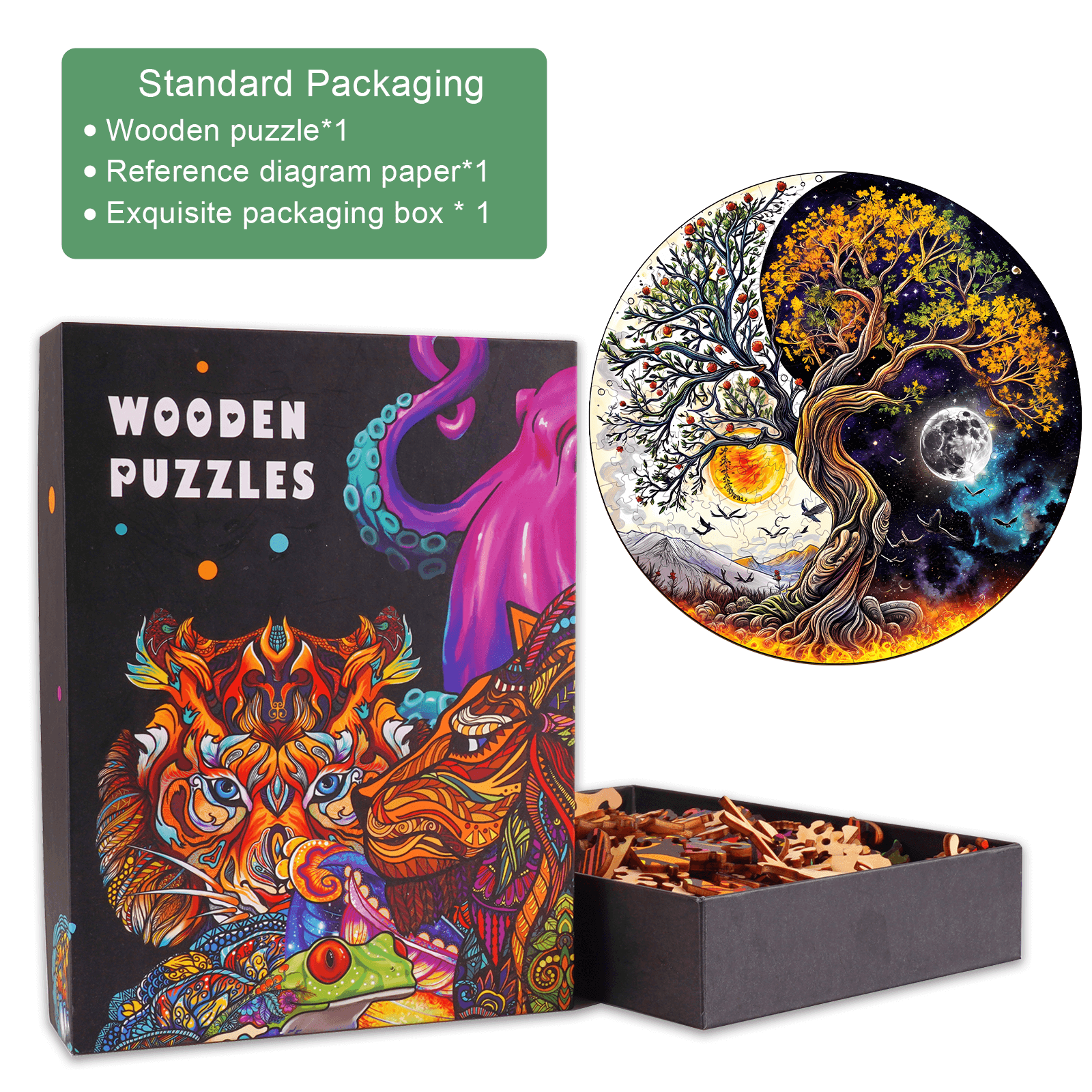 Sun and Moon Tree of Life wooden jigsaw puzzle with colorful packaging and pieces, perfect for enhancing focus and mindfulness.
