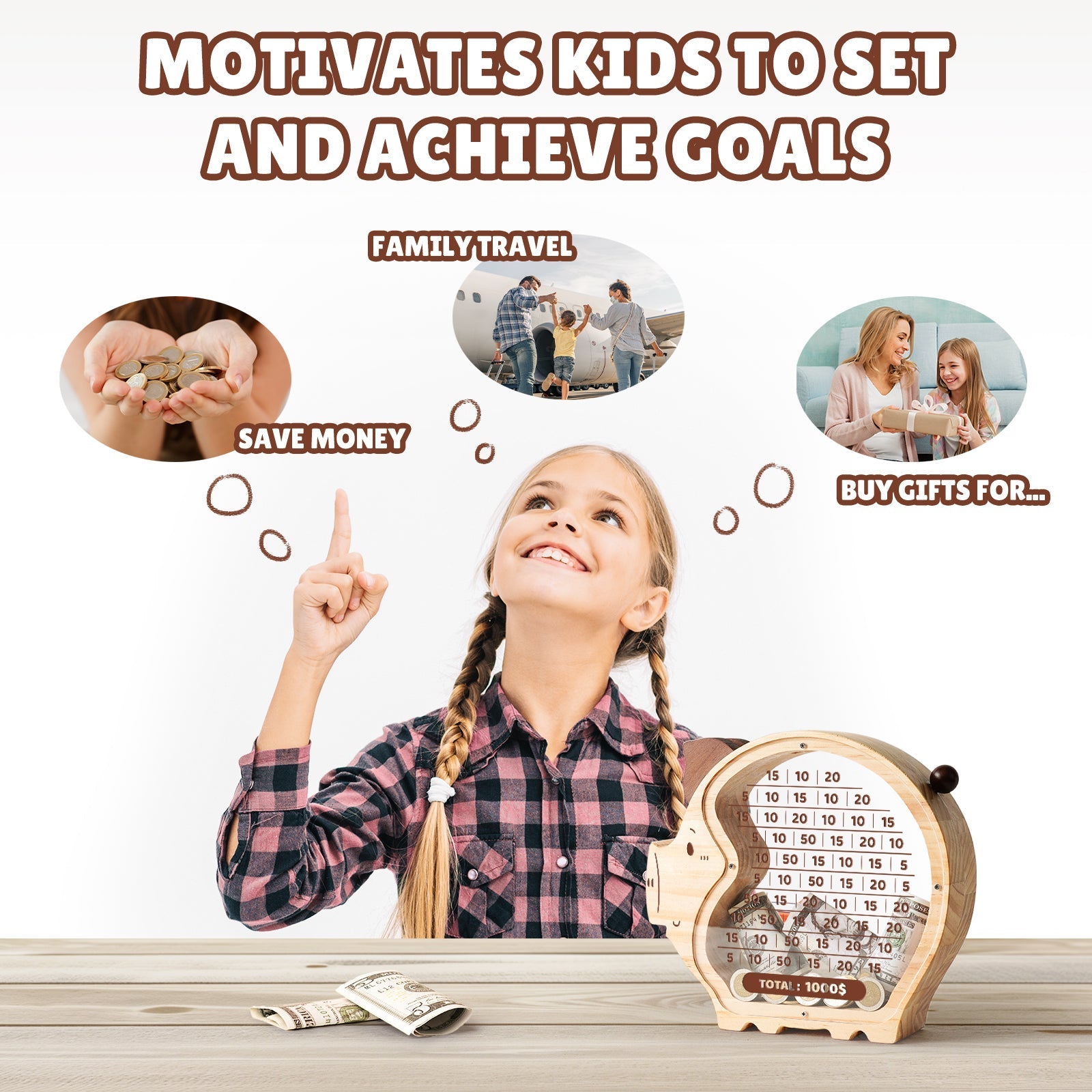 Custom Piggy Bank for Kids with Money Target and Numbers (1000 Dollar)
