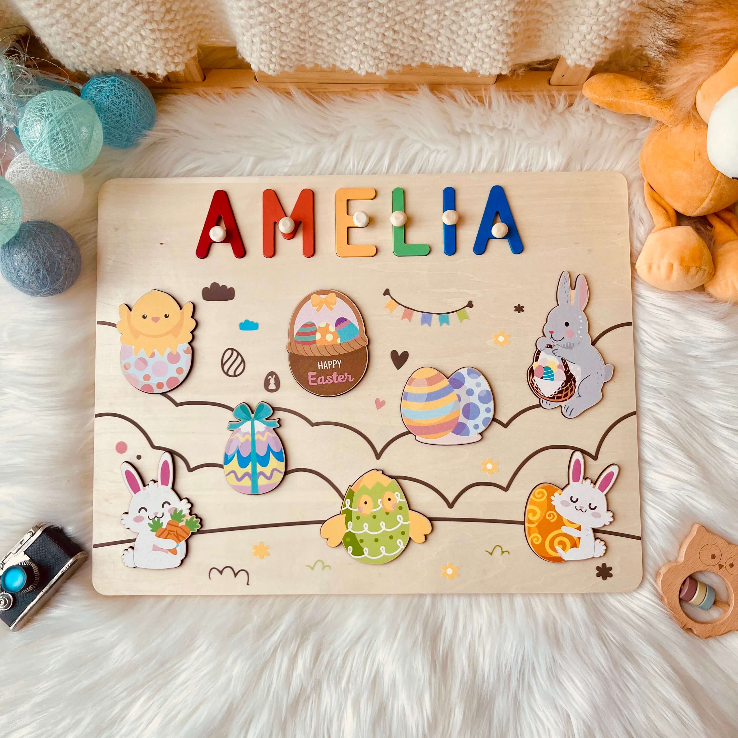 Personalized Wooden Name Puzzle - Easter Bunny & Egg Toy for Toddlers