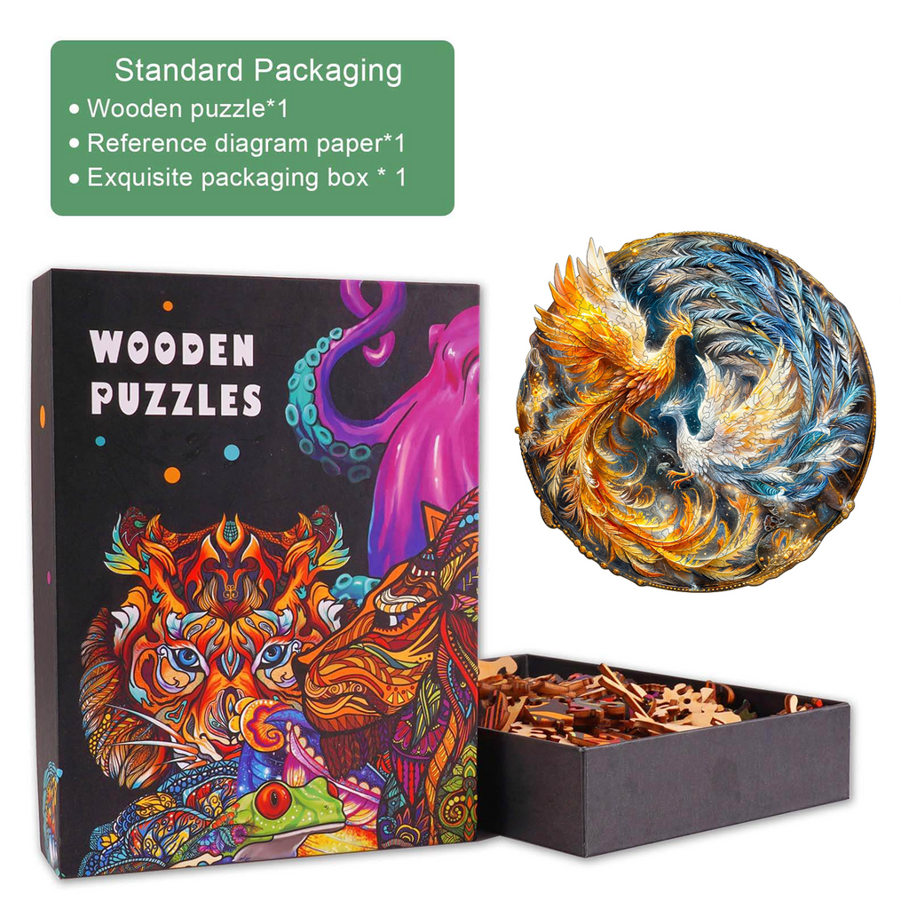 Yin Yang Phoenix-2 wooden jigsaw puzzle with colorful design and packaging box, ideal for brain games and mind focus.