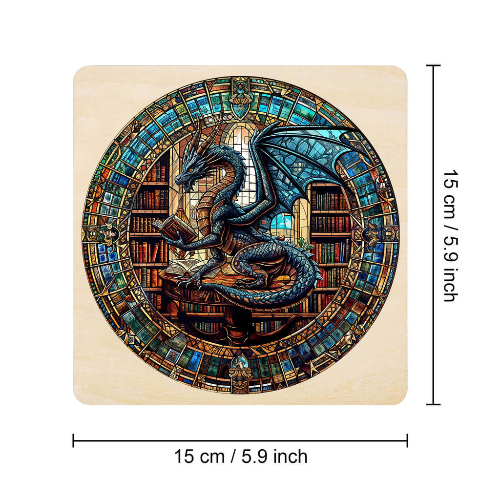 Stained glass dragon sitting in a library, surrounded by books, promoting focus and puzzle-solving skills.