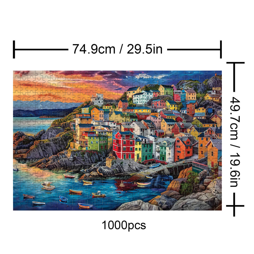 Colorful Harbor Towns 1000-piece jigsaw puzzle showcasing vibrant houses by the water, perfect for puzzle enthusiasts.