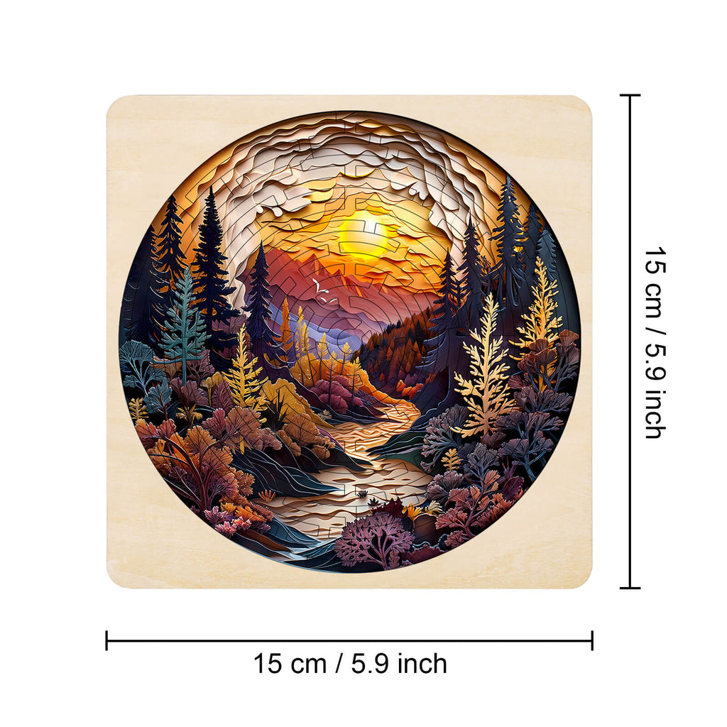Maze Puzzles—Autumn Forest art; intricate layered design featuring a sunset over a forest landscape.