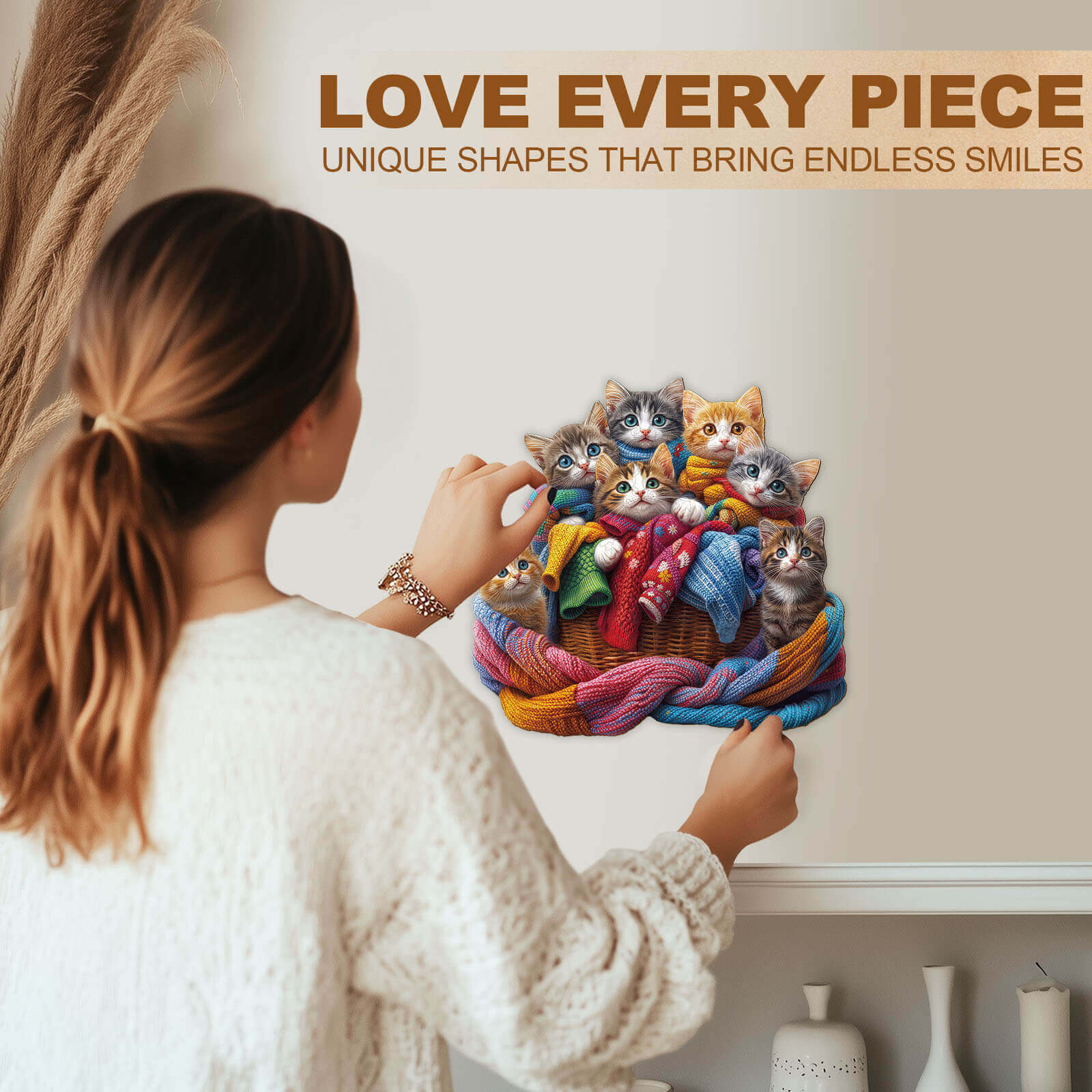 Colorful fabric cat Wooden Jigsaw Puzzle