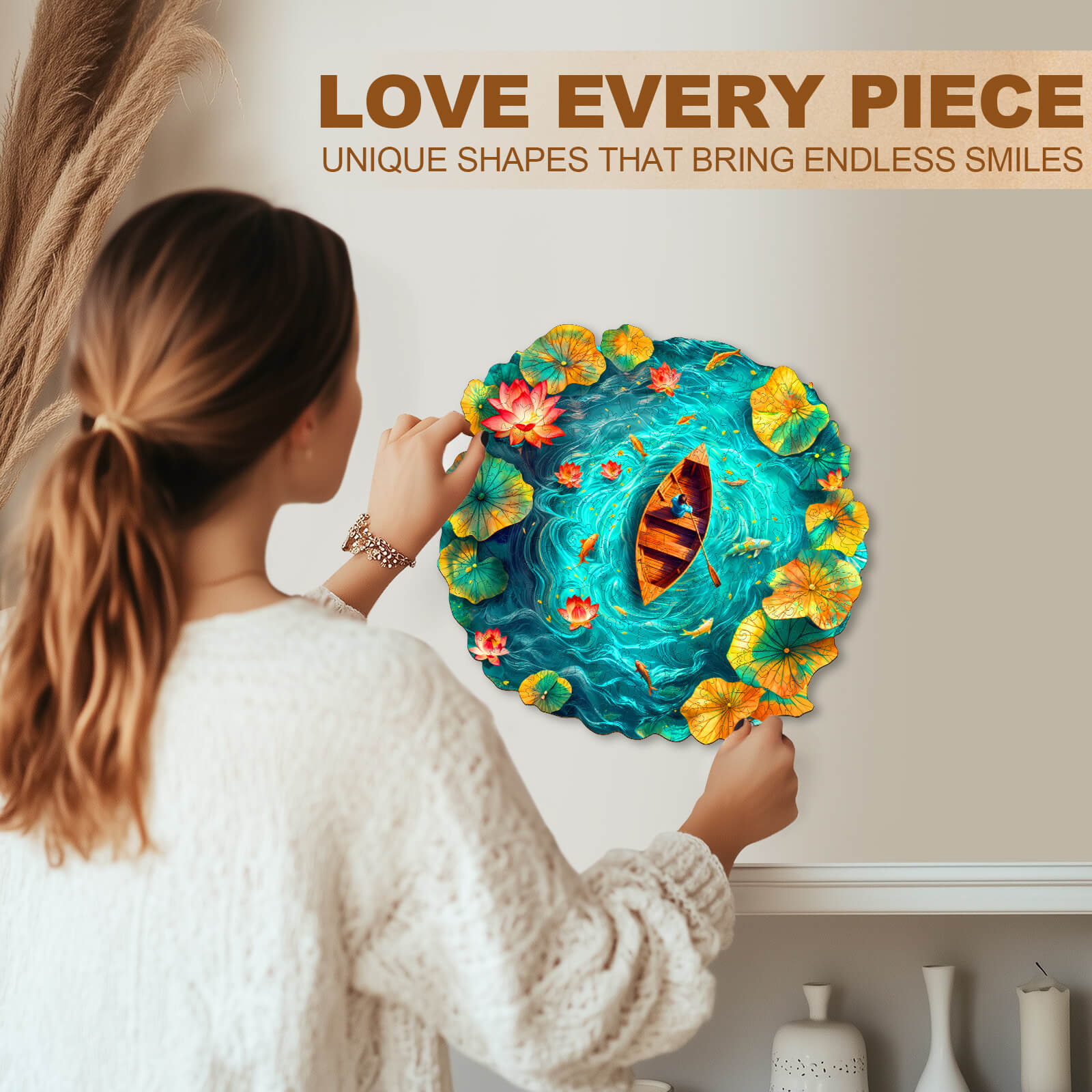 Boat and Lotus Wooden Jigsaw Puzzle