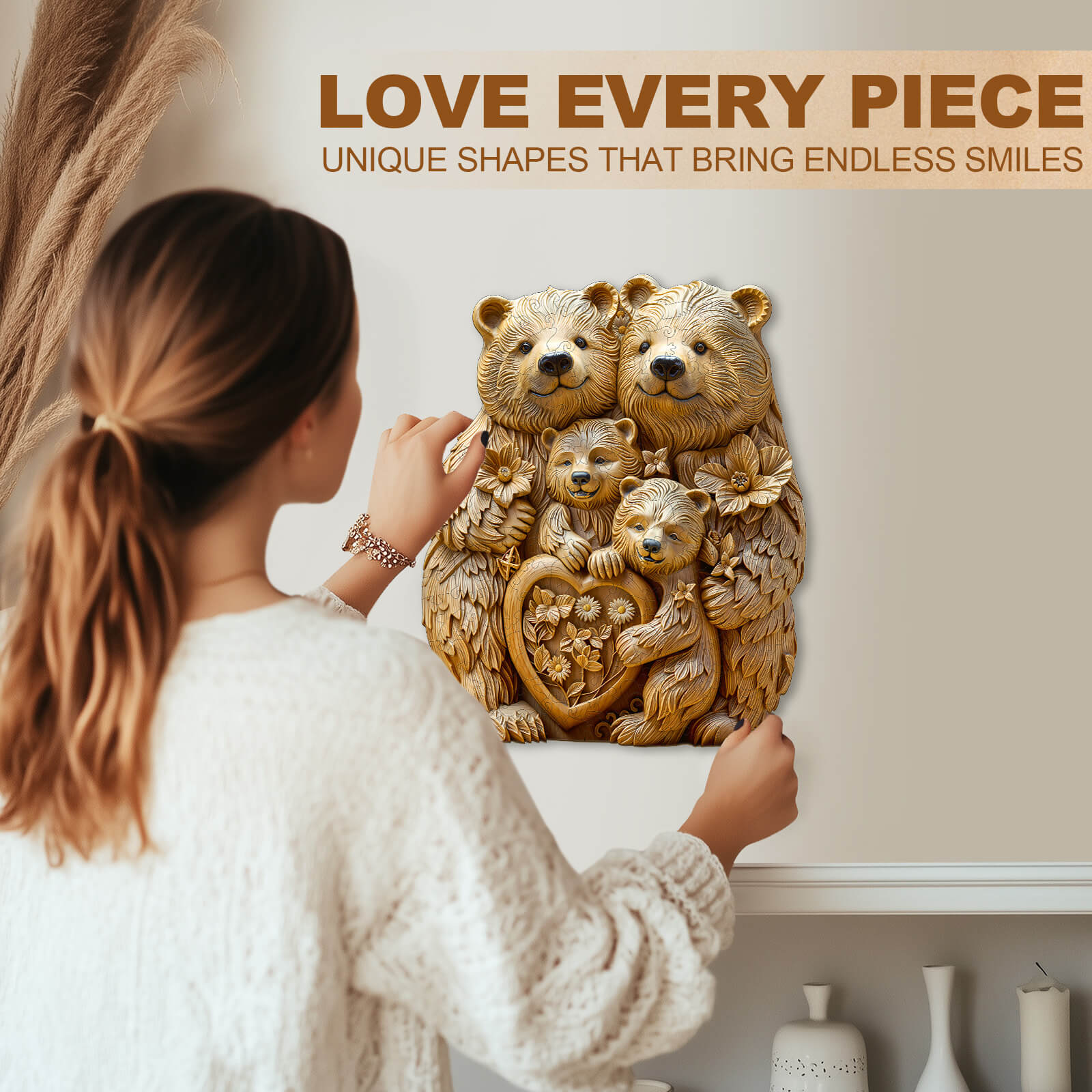 Woodcarve bear family Wooden Jigsaw Puzzle