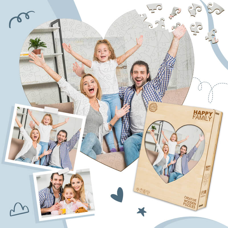 Custom wooden photo puzzle gift featuring a happy family celebrating together in a heart-shaped design.
